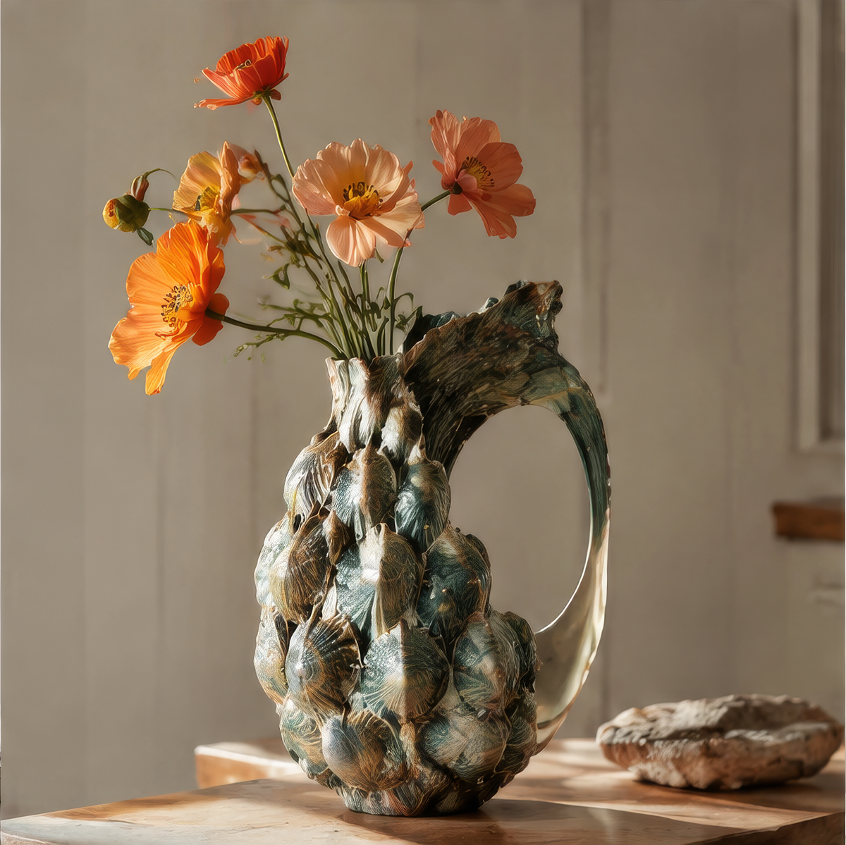 AESTHIM shell vase with an open curved handle and orange flowers on a sunlit table
