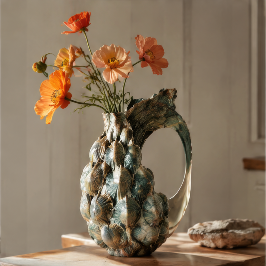 AESTHIM shell vase with an open curved handle and orange flowers on a sunlit table
