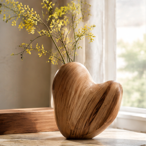Honey-brown organic wooden vase with asymmetric rounded shoulders and yellow flowering branches beside a window