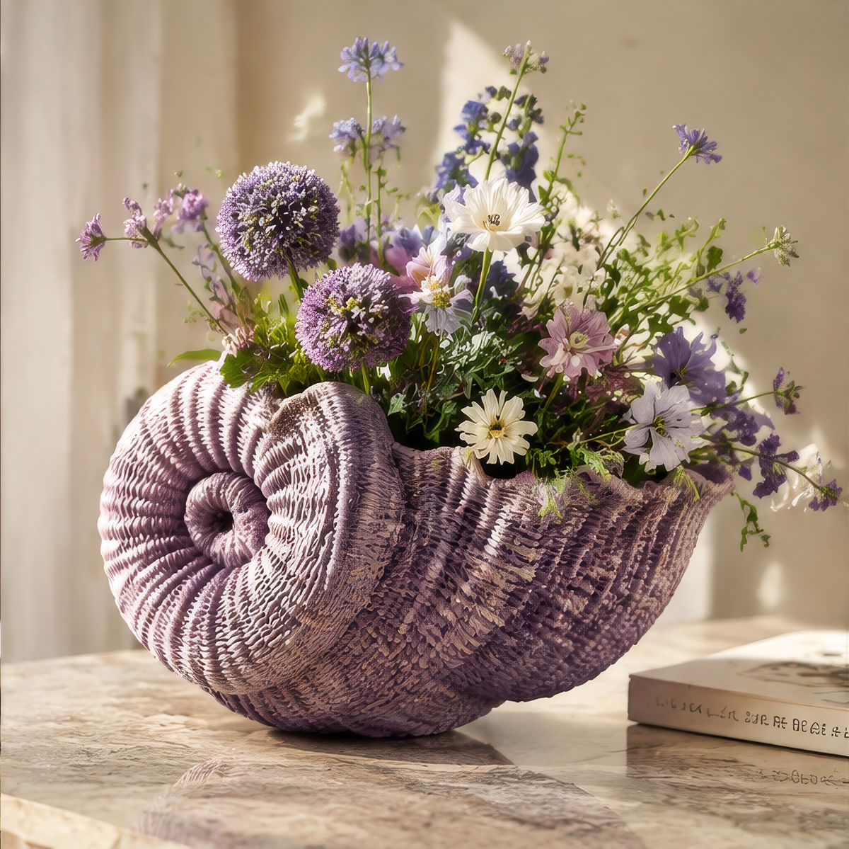 Lavender handwoven spiral shell vase filled with purple, pink and white flowers on a sunlit table