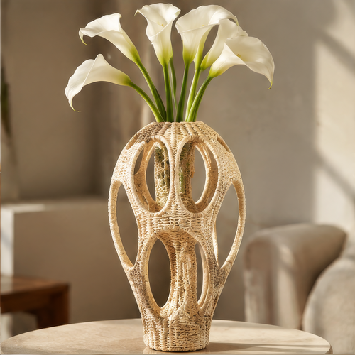 Beige openwork plant fiber vase with oval cutouts and white calla lilies on a round table