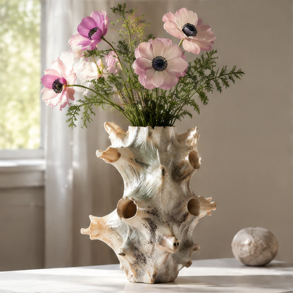 Cream conch-shaped shell vase with projecting forms and pink flowers beside a window