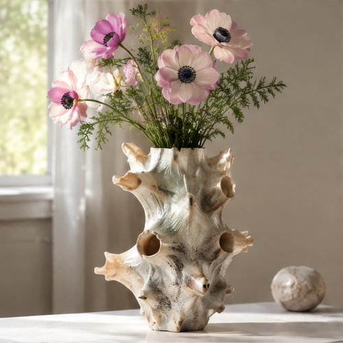 Cream conch-shaped shell vase with projecting forms and pink flowers beside a window