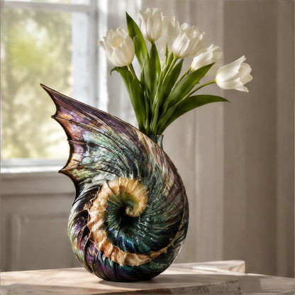 Iridescent spiral shell vase in green, purple and gold tones, styled with white tulips beside a window