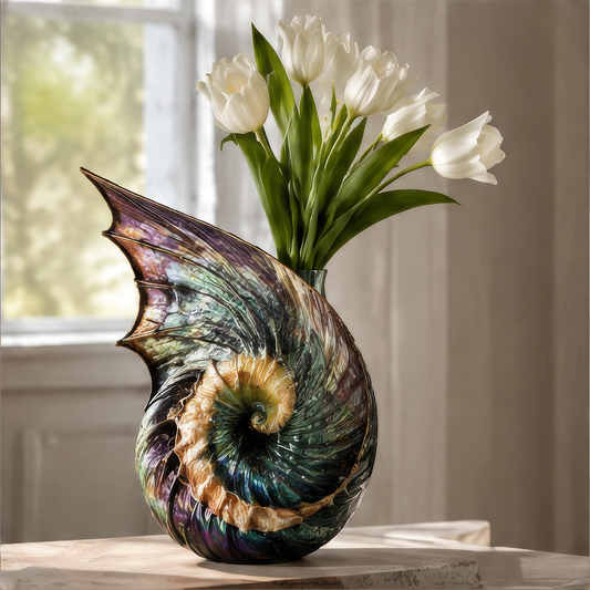 Iridescent spiral shell vase in green, purple and gold tones, styled with white tulips beside a window