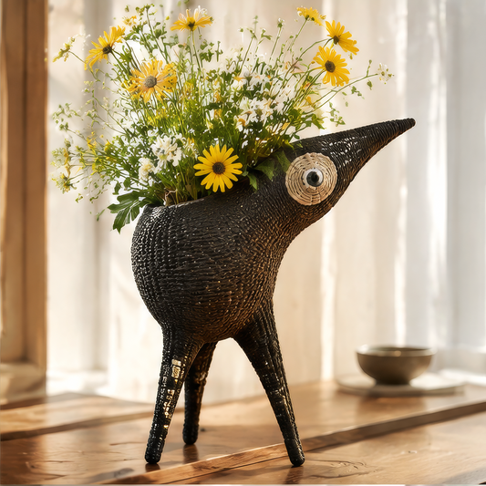 Black handwoven bird-shaped vase with a pointed beak and beige circular eye, filled with yellow and white flowers