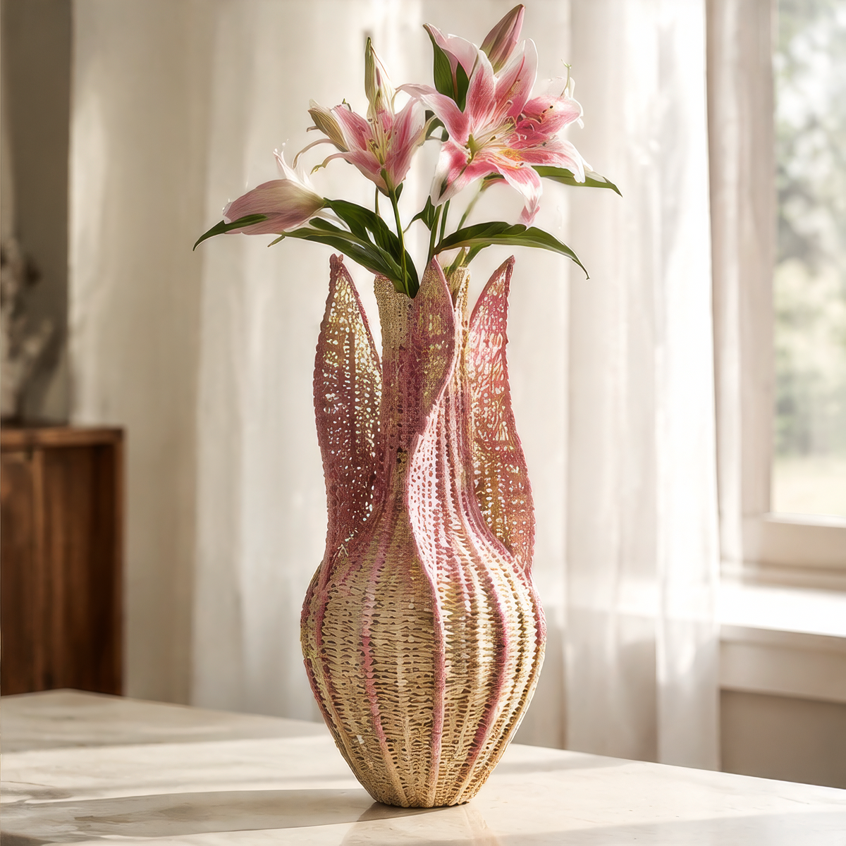 Blush pink and beige handwoven sculptural bottle vase with pink lilies on a sunlit table