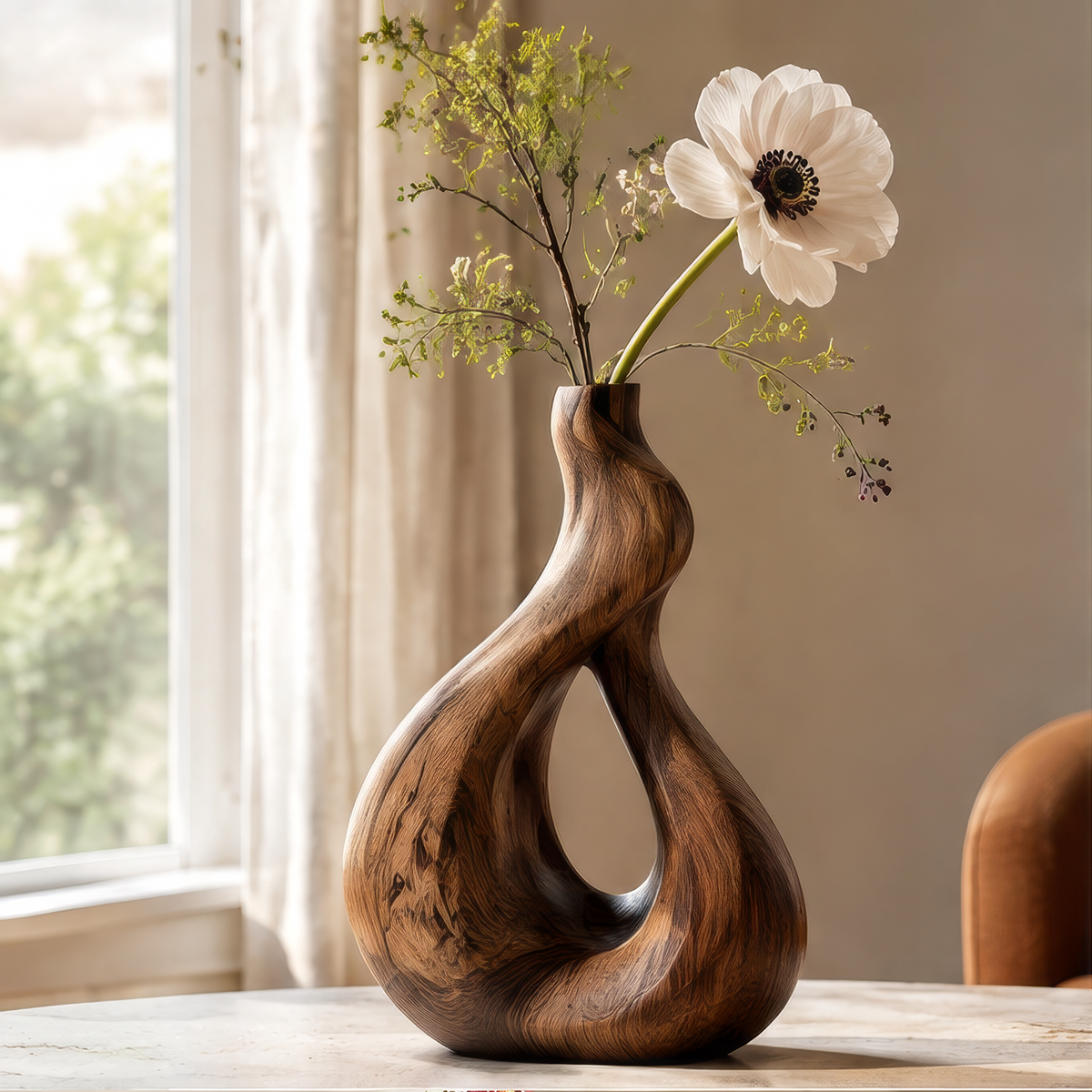 Brown wood vase with a twisting neck and teardrop-shaped opening, styled with a white flower beside a window