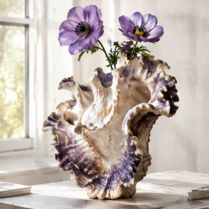 Lavender and ivory ruffled shell vase with purple flowers beside a sunlit window