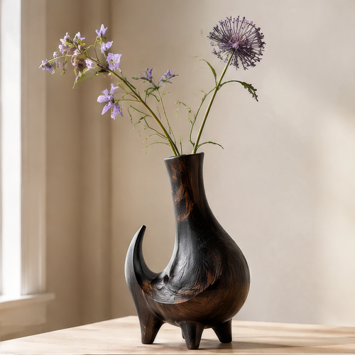 Dark brown wooden vase with a crescent-shaped accent and short feet, styled with purple flowers