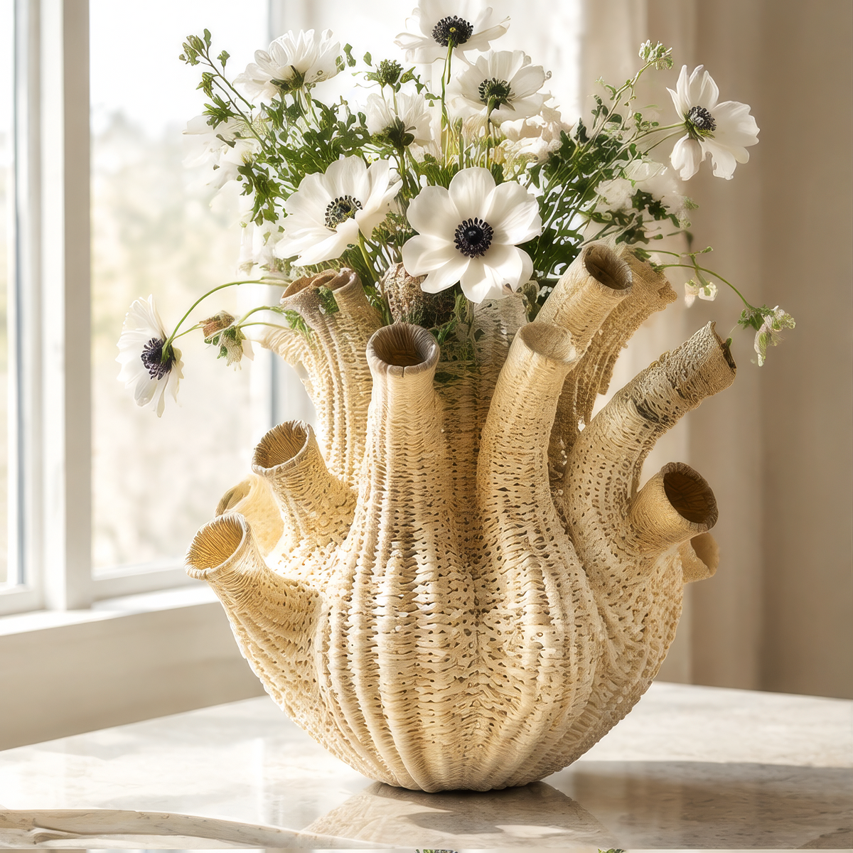 Beige handwoven sculptural branch vase with white flowers on a sunlit tabletop