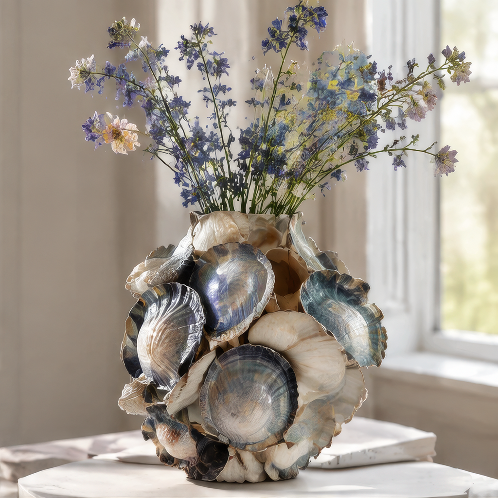 Rounded shell vase with cream and blue-gray shells, styled with delicate flowers beside a window