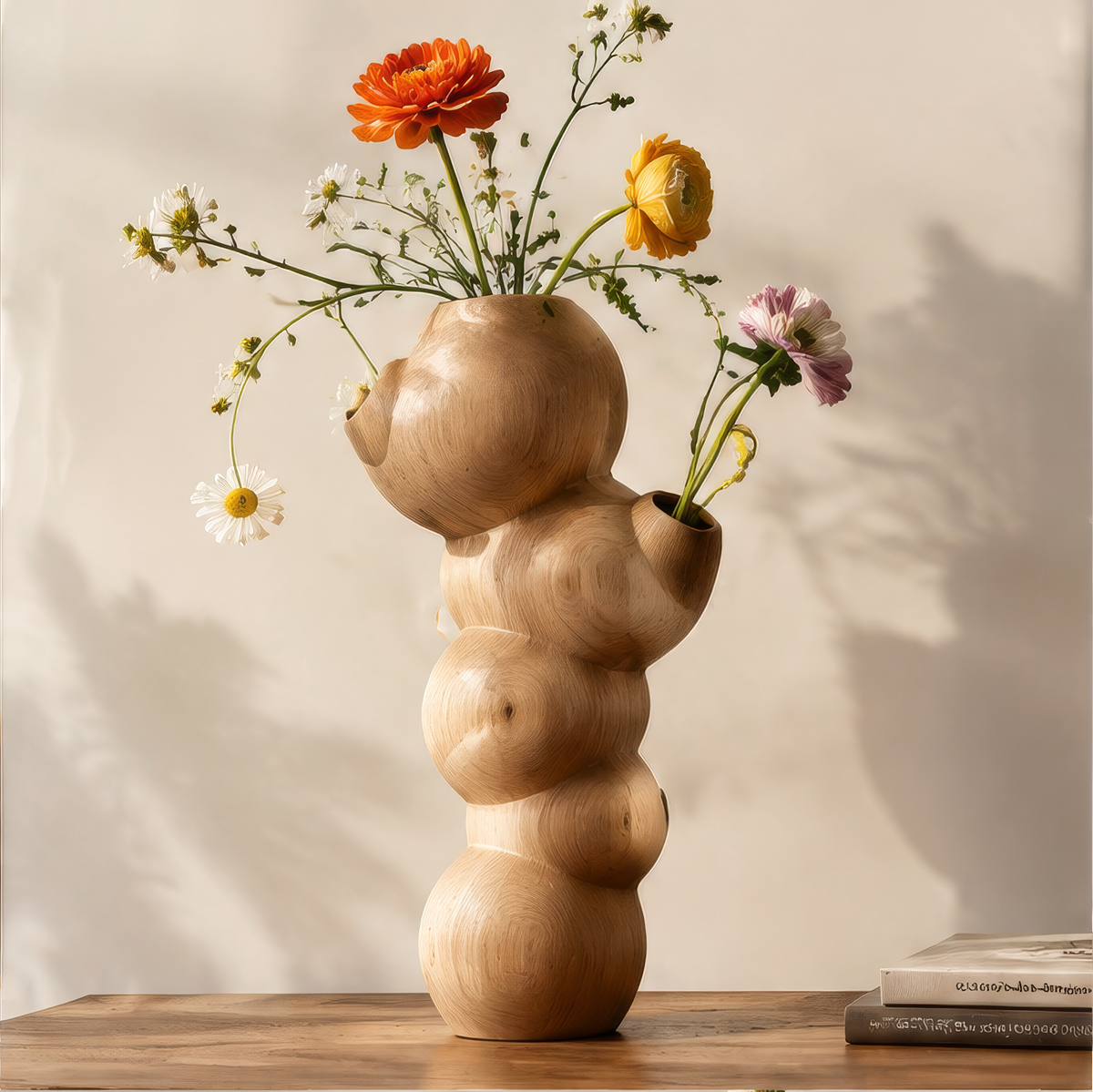 Light wood vase with stacked rounded forms, styled with orange, yellow and purple flowers
