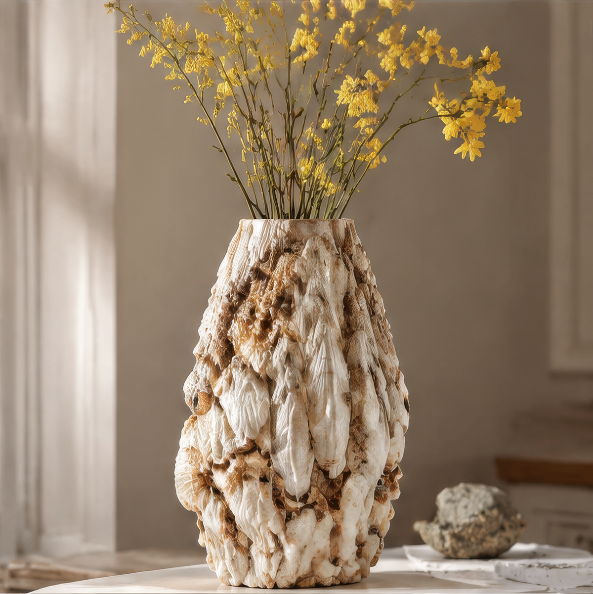Ivory and brown shell-textured vase with yellow flowers on a sunlit table