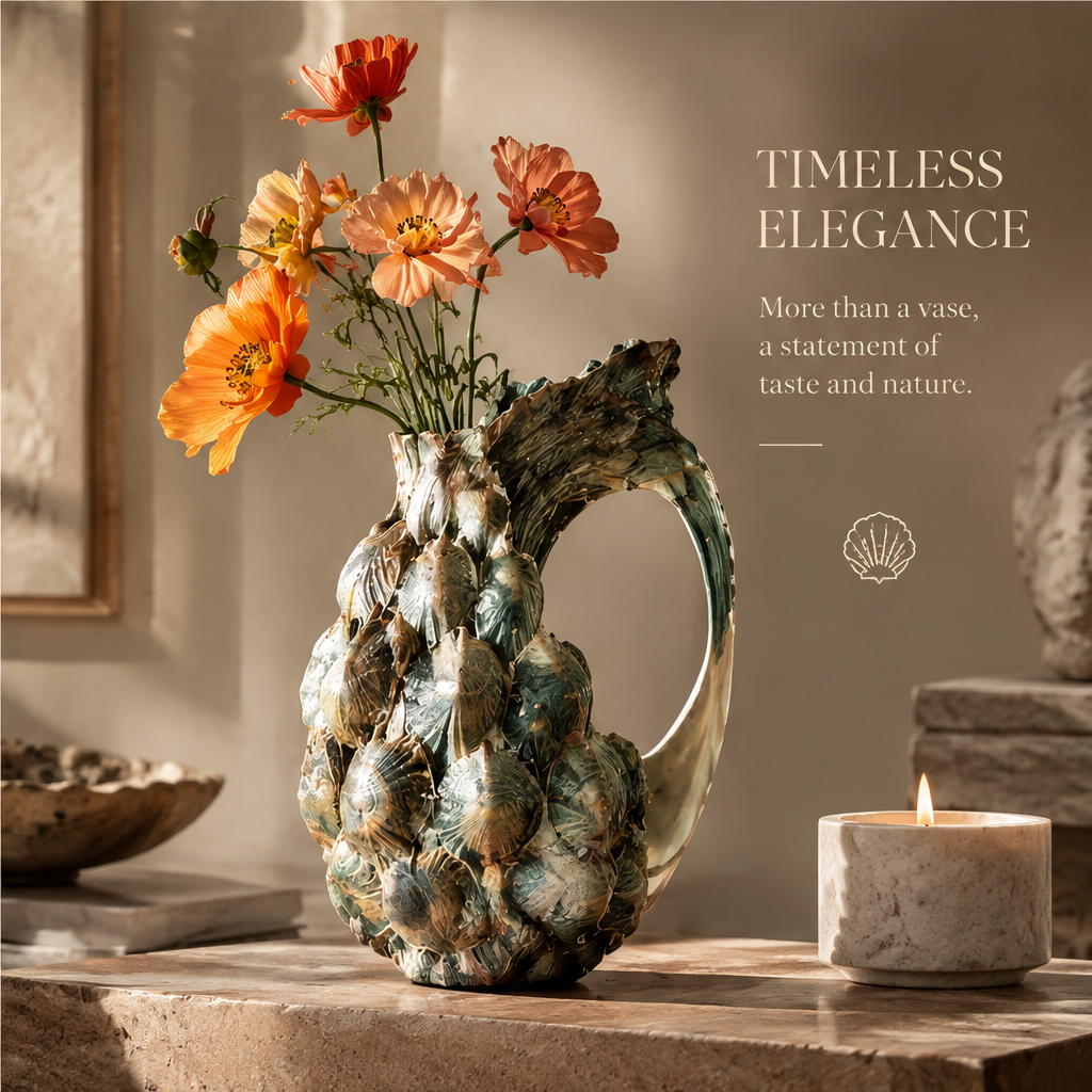 Shell vase styled with orange flowers beside a candle on a table