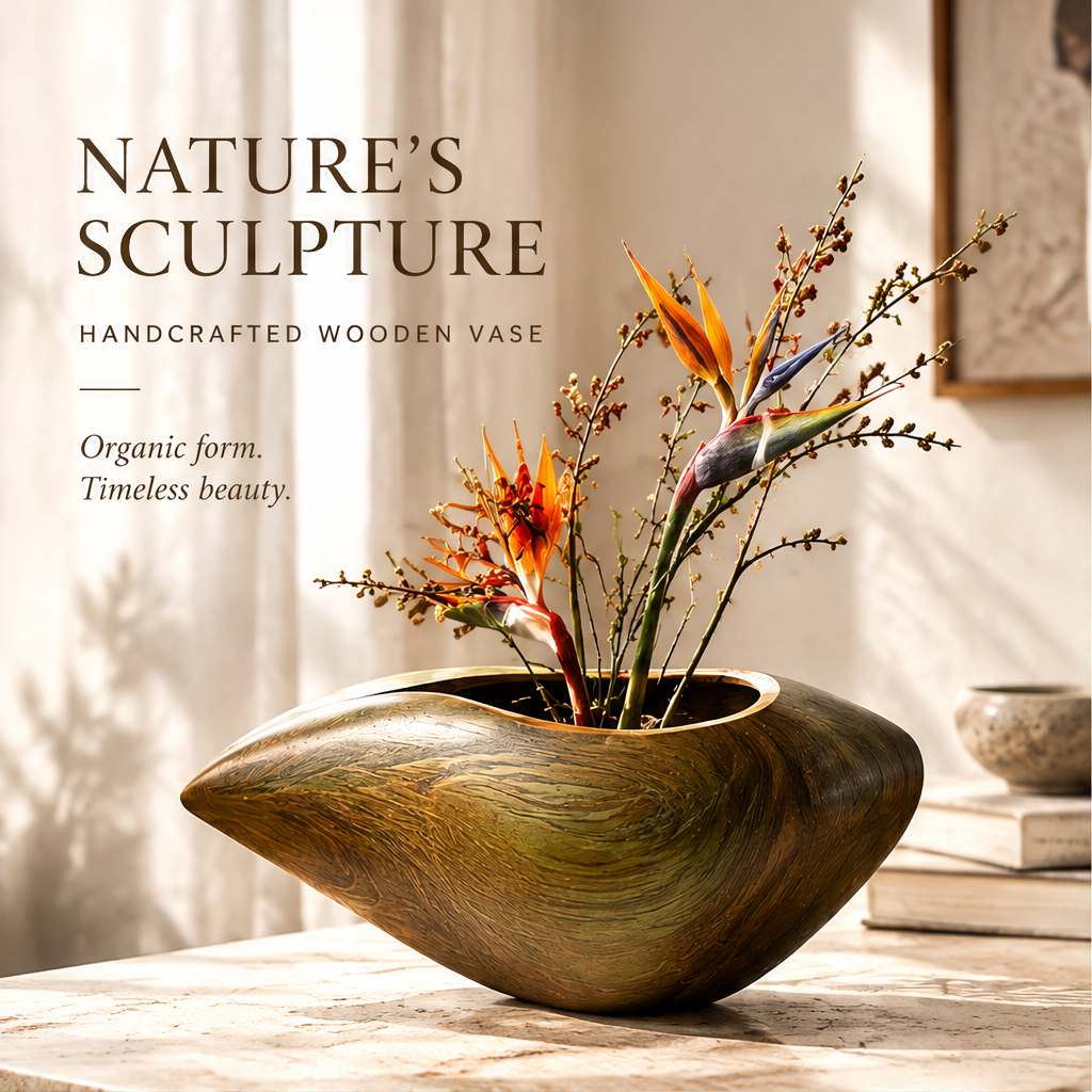 Handcrafted wide wooden vase with orange flowers and branches and nature's sculpture text