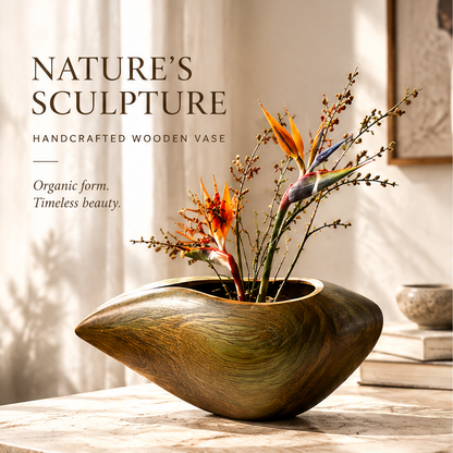 Handcrafted wide wooden vase with orange flowers and branches and nature's sculpture text