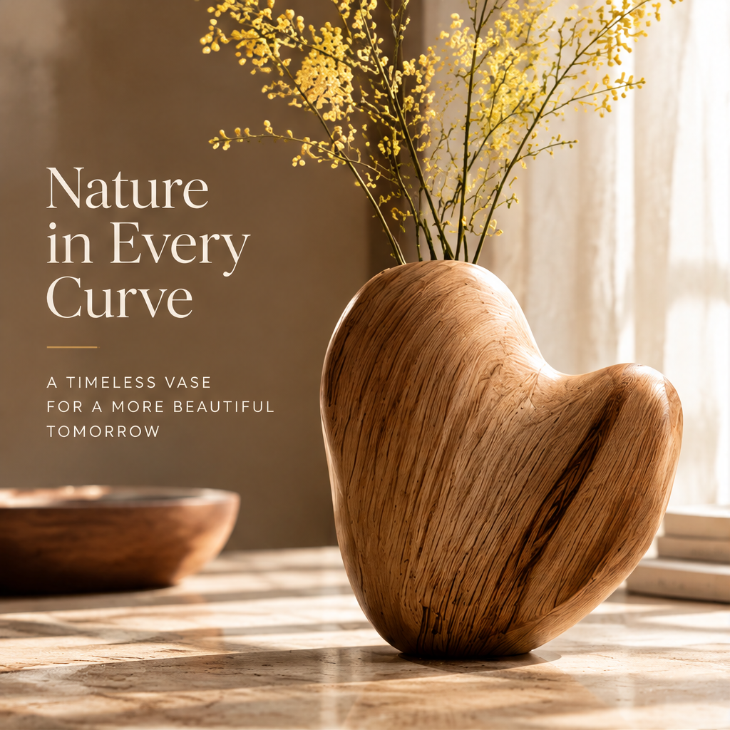 Organic curved wooden vase with yellow flowering branches and nature-inspired design text