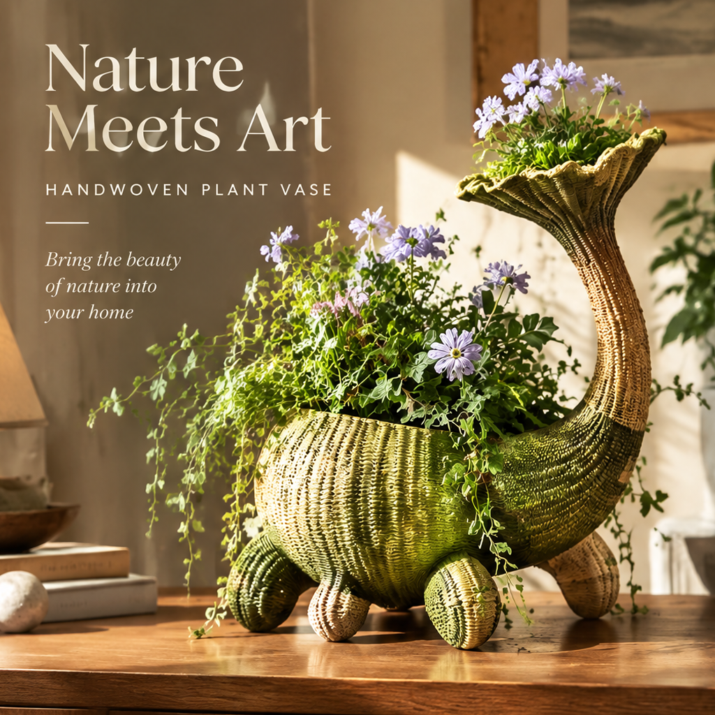 Handwoven flared-neck vase styled on a wooden table with greenery and purple flowers