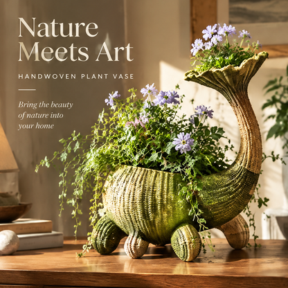 Handwoven flared-neck vase styled on a wooden table with greenery and purple flowers