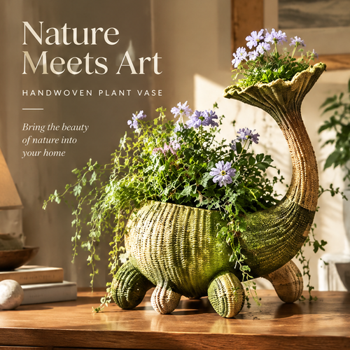 Handwoven flared-neck vase styled on a wooden table with greenery and purple flowers