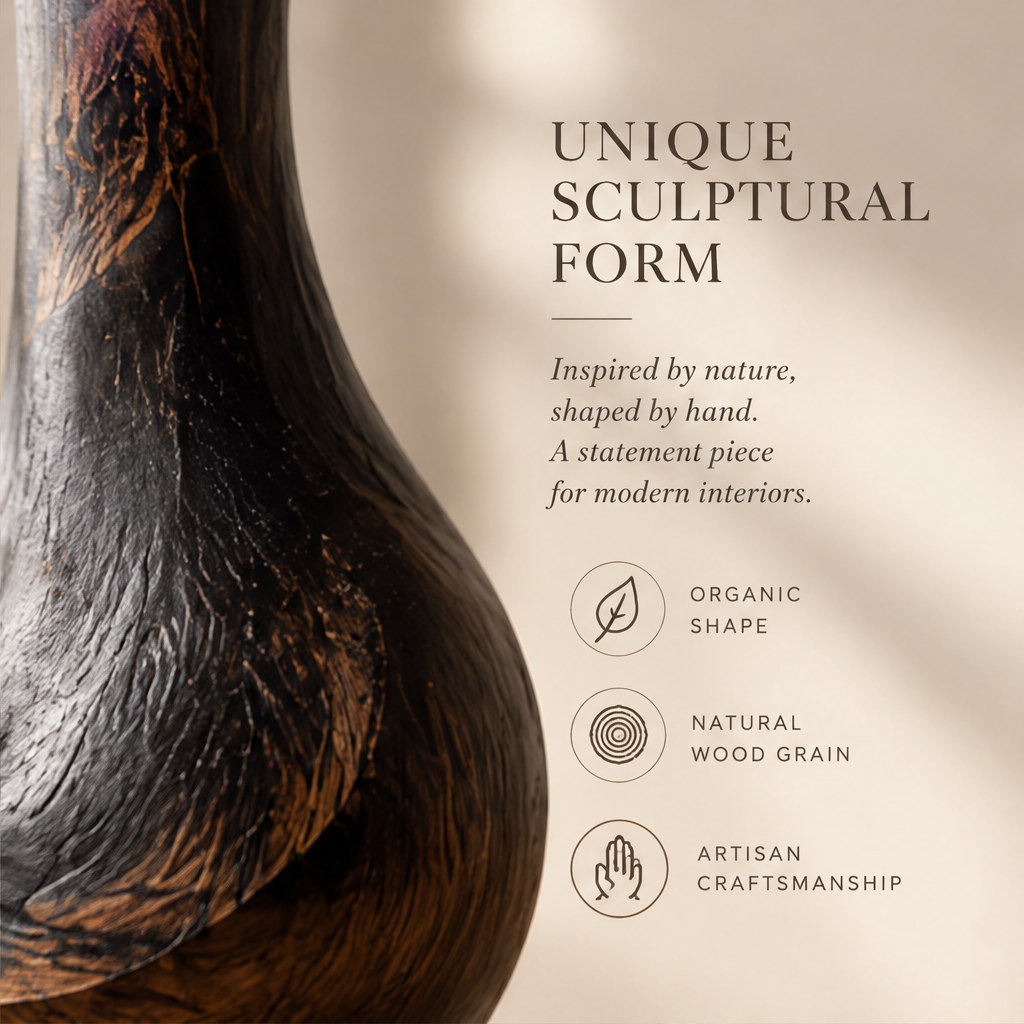 Close-up of the vase's dark wood grain, curved body and artisan surface details