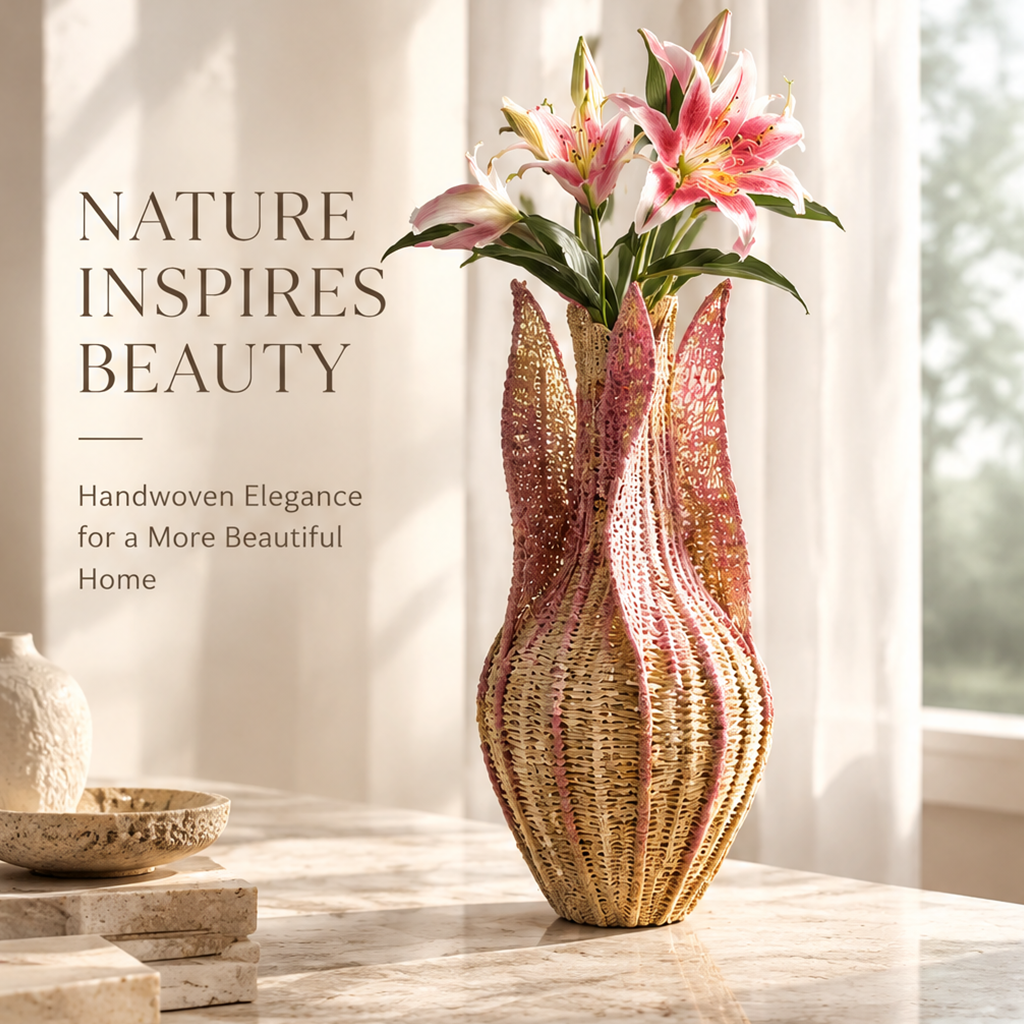 Handwoven sculptural bottle vase styled with pink lilies beside nature-inspired home decor text