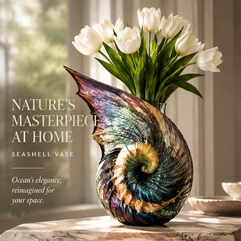 Iridescent shell vase with white tulips on a sunlit table and ocean-inspired decor text