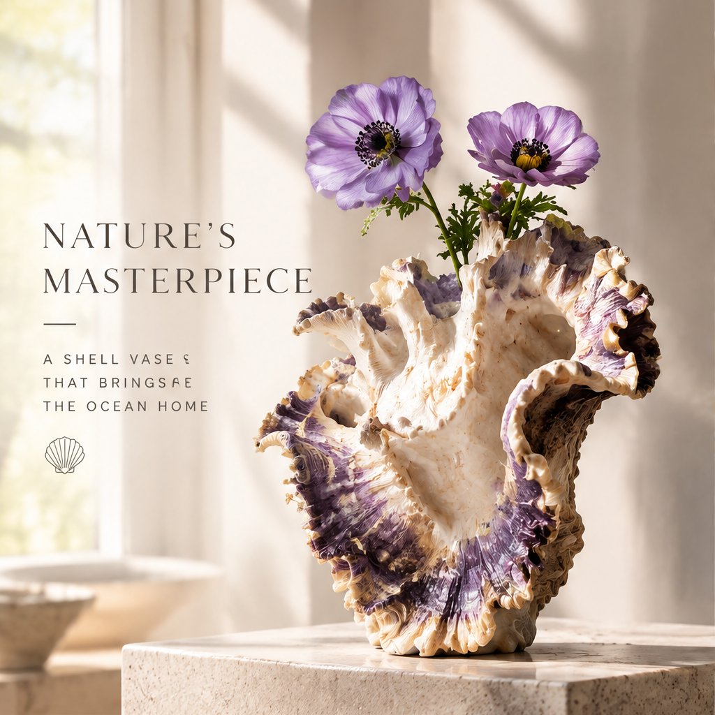 Lavender shell vase with purple flowers on a light table and ocean-inspired decor text