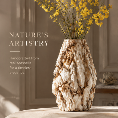 Tapered shell vase with yellow flowering stems and handcrafted from real seashells text