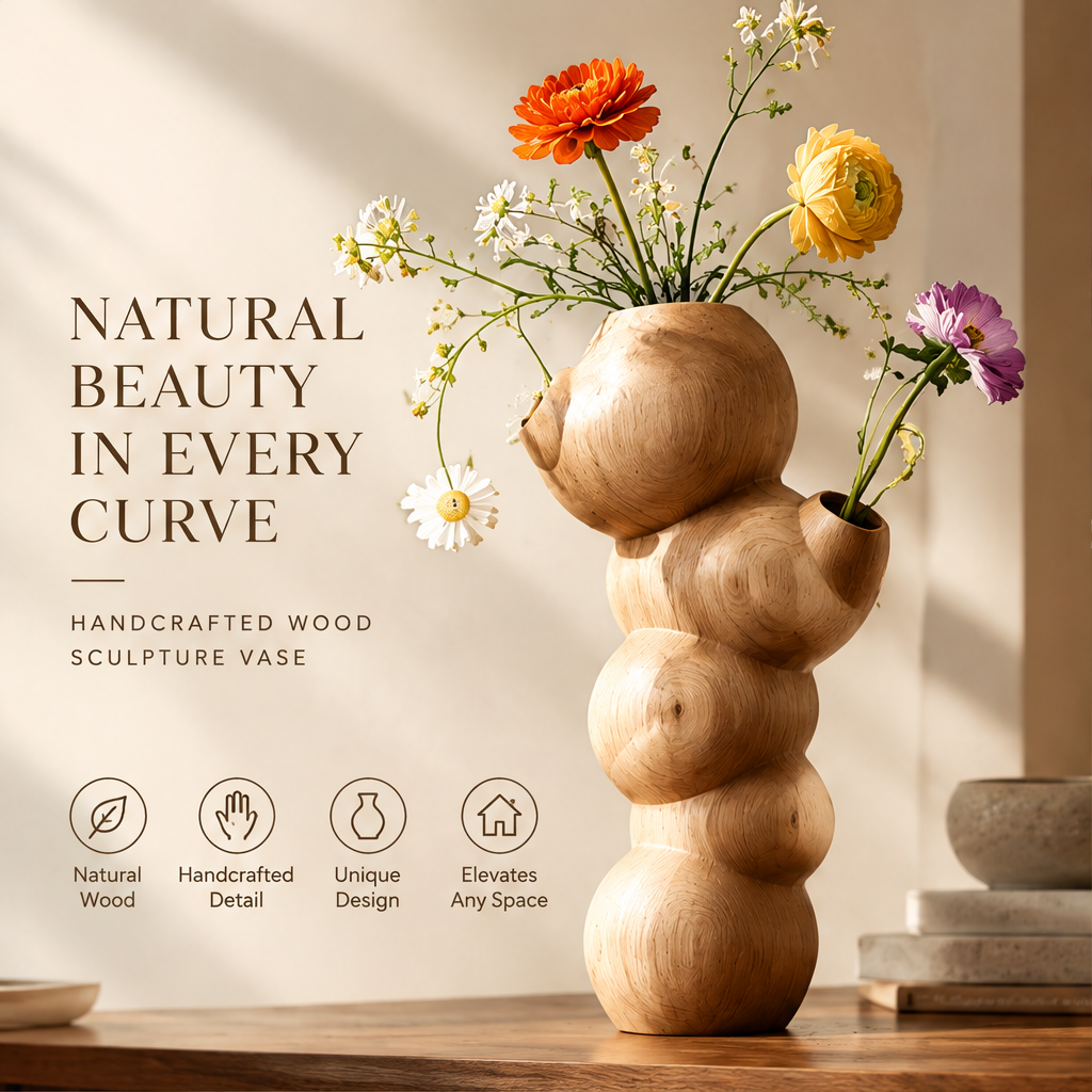 Sculptural bubble wood vase with flowers and text highlighting natural wood and handcrafted detail
