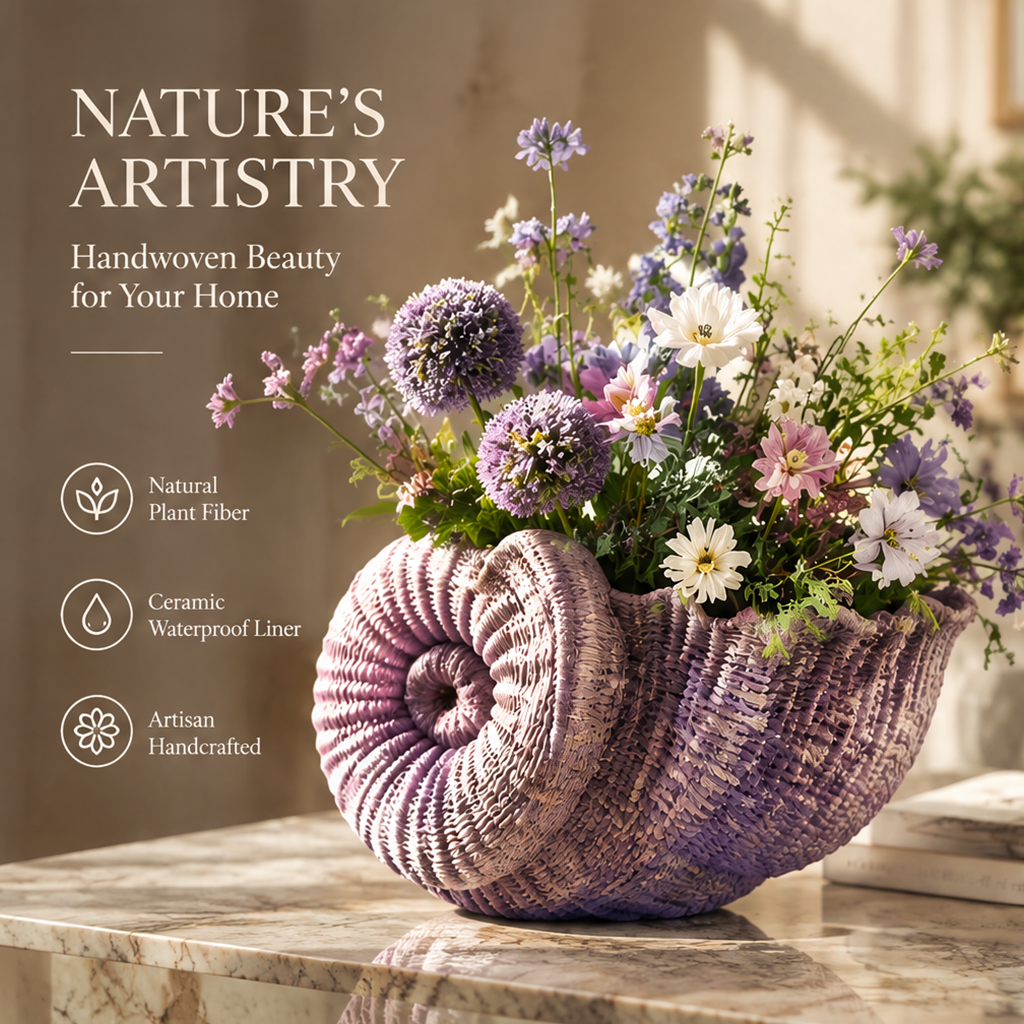 Lavender handwoven shell vase with natural plant fiber and ceramic liner feature text