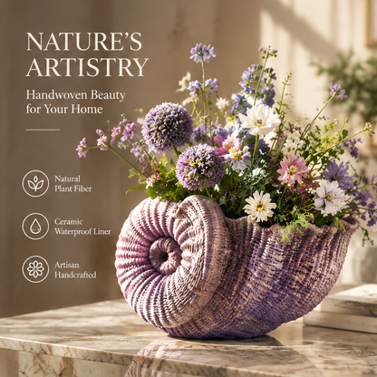 Lavender handwoven shell vase with natural plant fiber and ceramic liner feature text