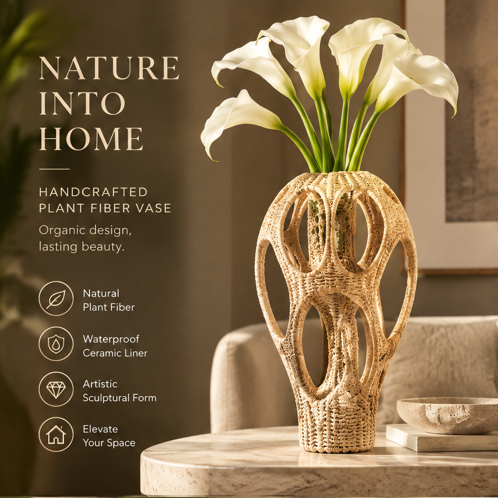 Handcrafted openwork vase styled with white flowers beside natural plant fiber and ceramic liner feature text