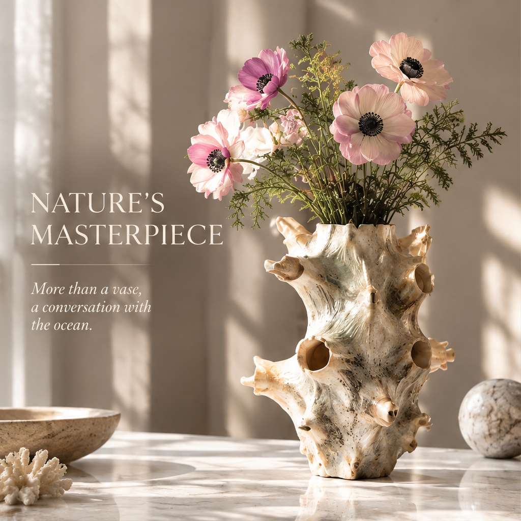Cream shell vase with pink flowers on a sunlit table and ocean-inspired decor text