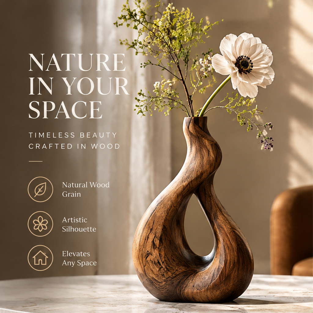 Sculptural wood vase with a white flower and text highlighting natural grain and artistic silhouette