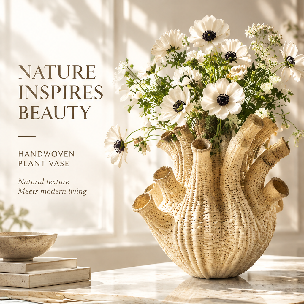 Nature-inspired handwoven vase with white flowers and natural texture design text