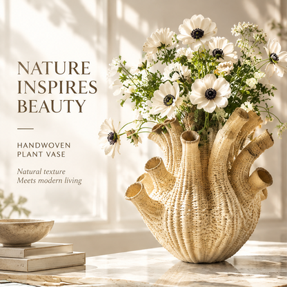 Nature-inspired handwoven vase with white flowers and natural texture design text
