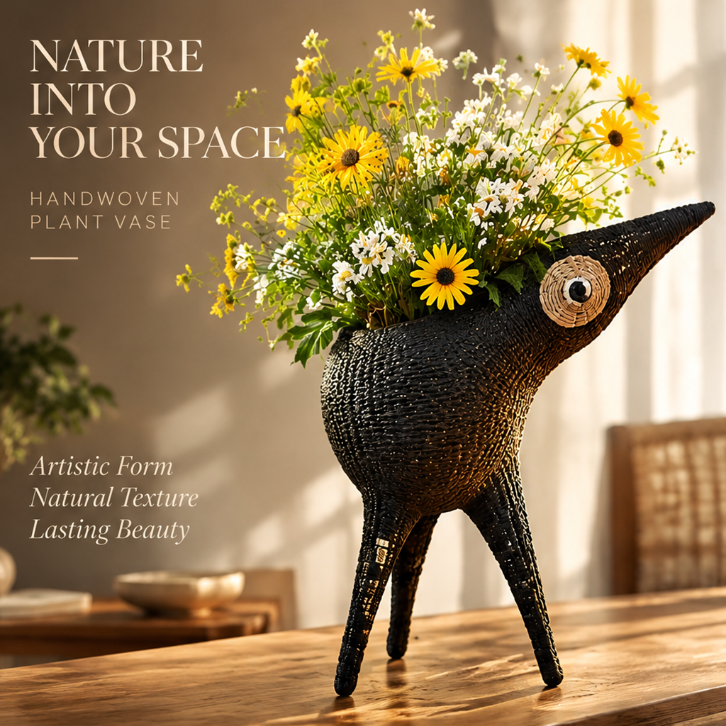 Black handwoven sculptural bird vase styled with yellow and white flowers on a wooden table