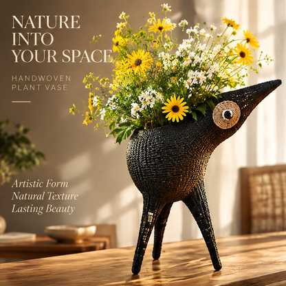 Black handwoven sculptural bird vase styled with yellow and white flowers on a wooden table
