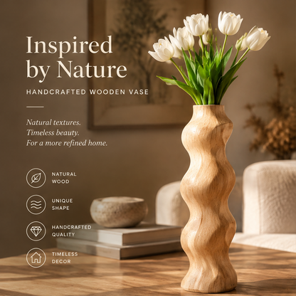 Wavy wooden vase with white tulips and text highlighting natural wood and handcrafted quality