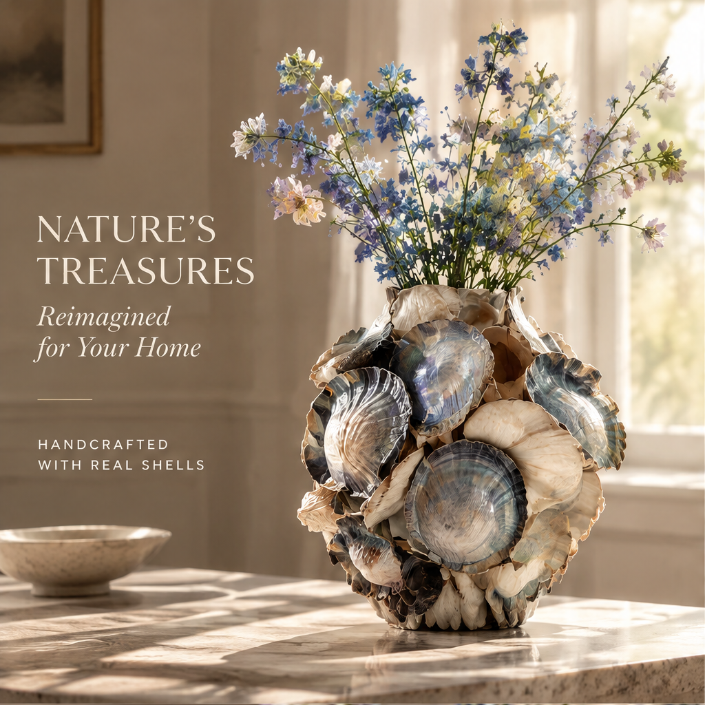 Shell-covered vase with flowers on a sunlit table and handcrafted with real shells text