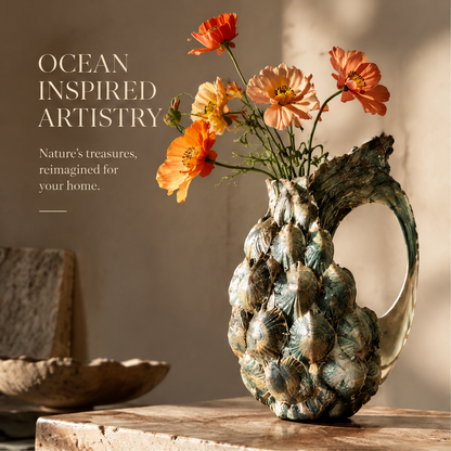 Green and beige shell vase with flowers and ocean-inspired artistry text
