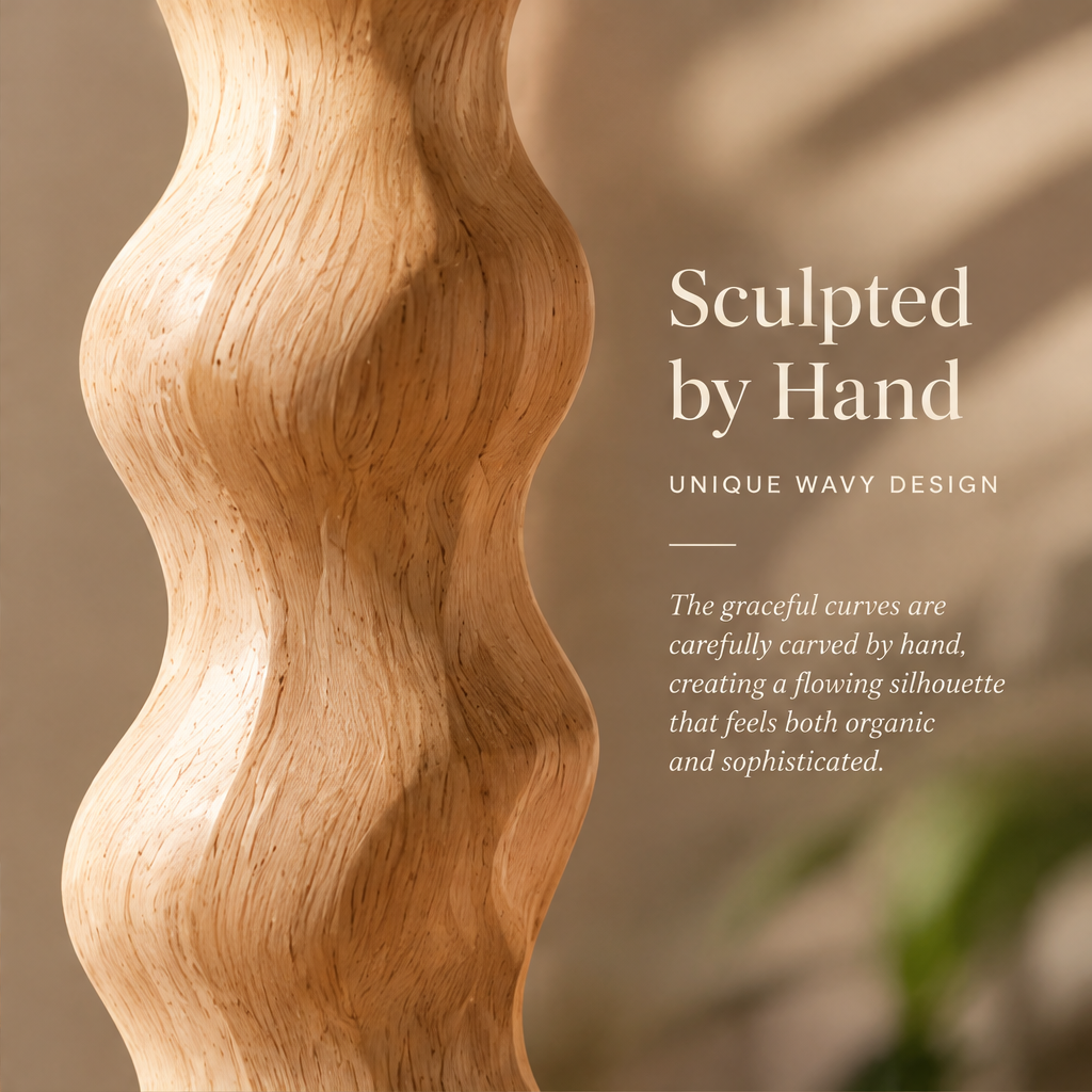Close-up of the vase's hand-carved flowing curves and light natural wood grain