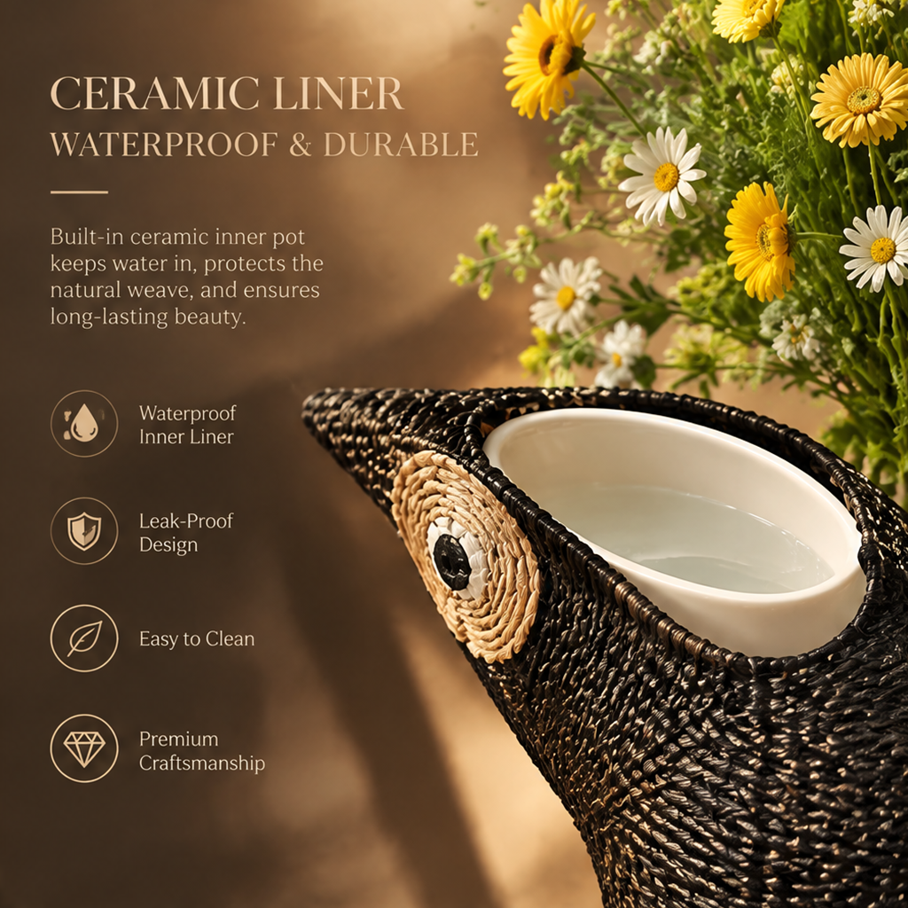 Top view showing water in the white ceramic liner inside the black woven bird vase