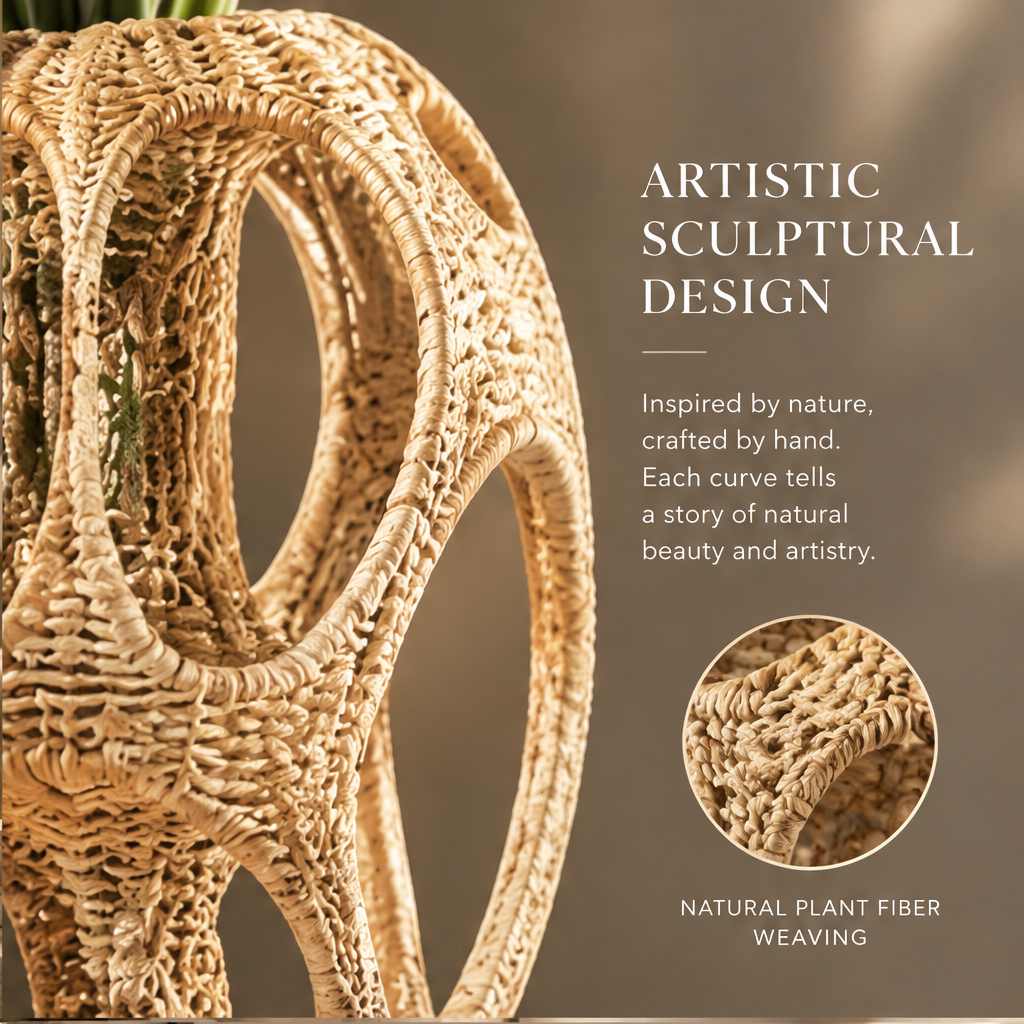 Close-up of the vase's curved oval openings and natural plant fiber weaving