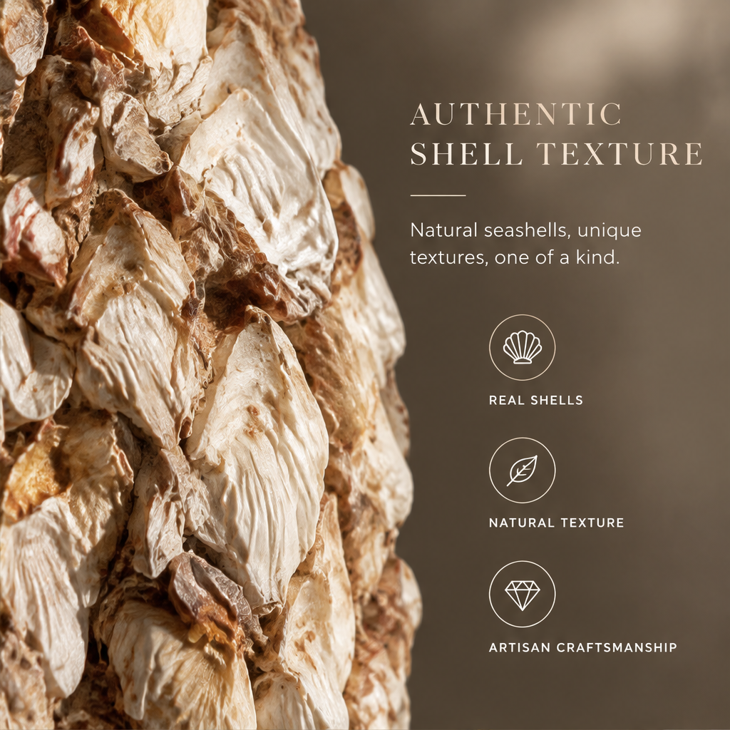Close-up of layered ivory and brown shells showing ridged natural texture