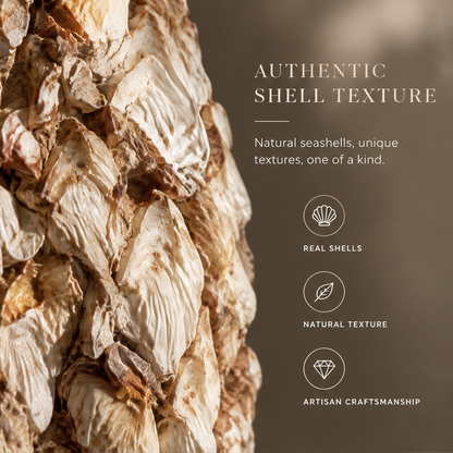 Close-up of layered ivory and brown shells showing ridged natural texture