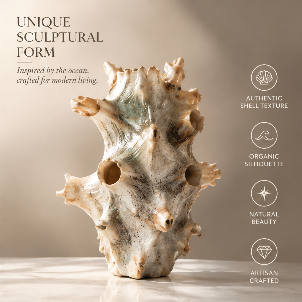 Conch shell vase displayed without flowers, showing its organic sculptural silhouette