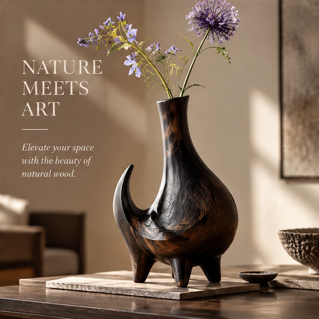 Dark wood crescent vase with purple flowers styled on a light slab in a neutral interior